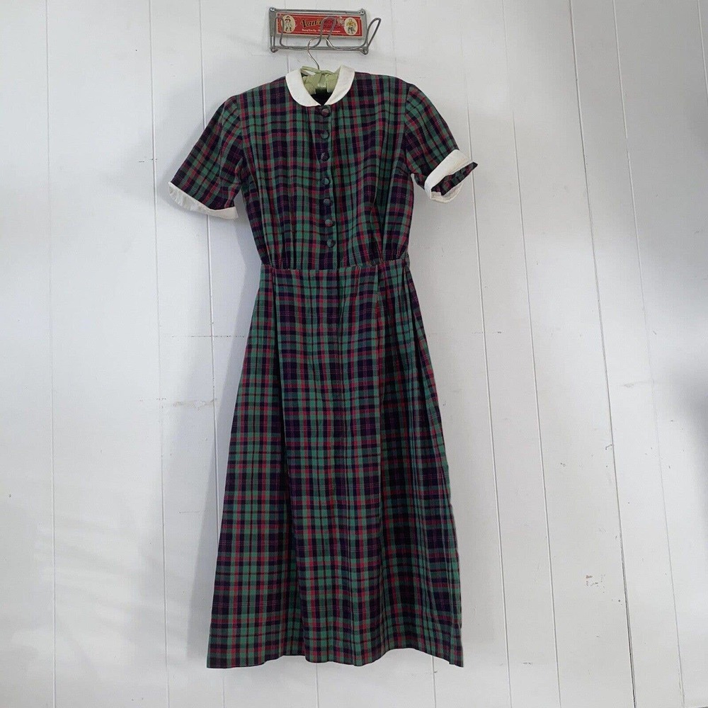 Vintage 1930s 1940s Teens’ Plaid Cotton Peter Pan Collar Frock Dress View 3
